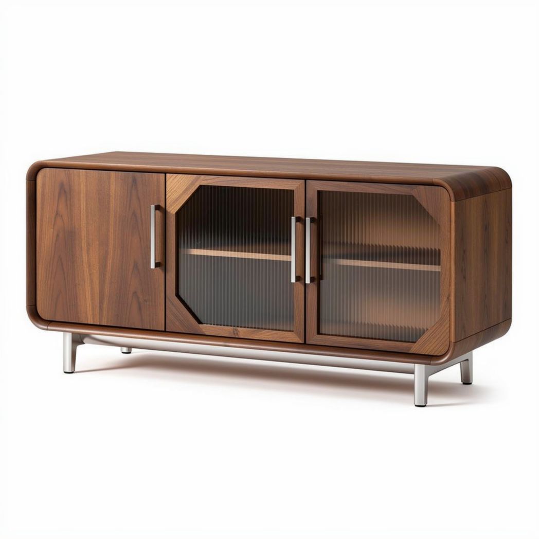 Lage houten tv-meubel met glazen deuren en metalen poten 120 x 40 x 50cm
