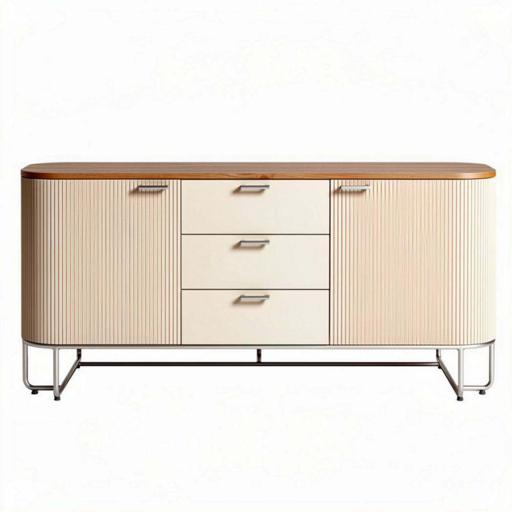 Modern dressoir van hout en metaal in beige met drie lades en een afmeting van 160 x 45 x 75cm