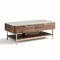 massief eiken salontafel met marmeren bovenblad en houten opbergruimte 120 x 60 x 40cm