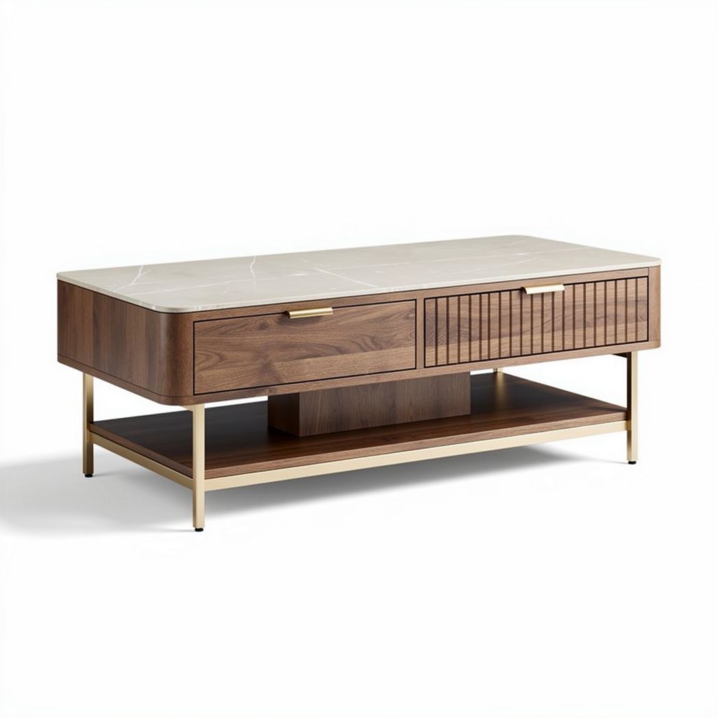 massief eiken salontafel met marmeren bovenblad en houten opbergruimte 120 x 60 x 40cm