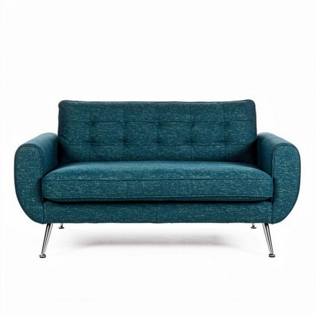 Twee persoonsbank van stof in blauw met chromen poten 180 x 85 x 75cm