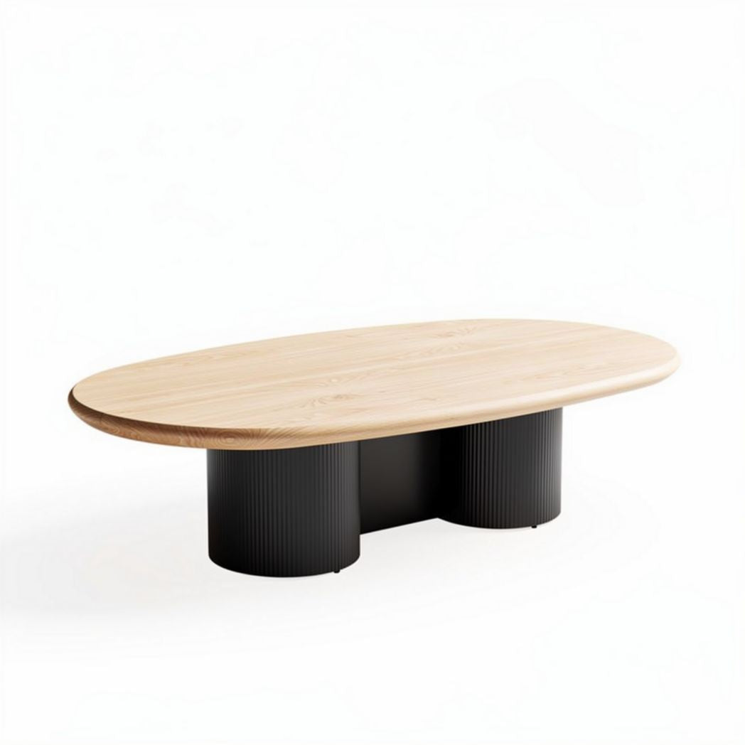 Eiken ovalen salontafel met zwart geprefabriceerde basis en afmetingen 200 x 100 x 75cm